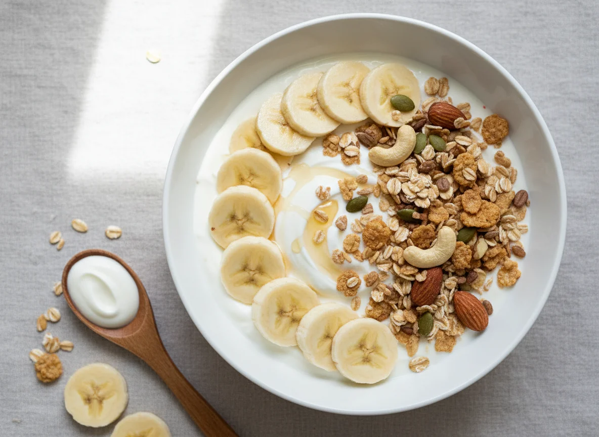 Yogurt with Banana and Cereal photo