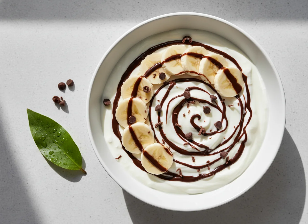 Yogurt with Banana and Chocolate Sauce photo