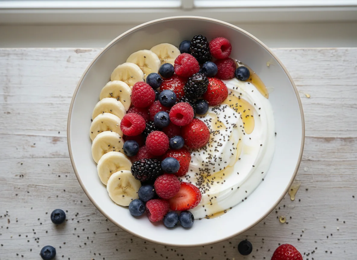 Yogurt with Banana, Berries and Chia Seeds photo
