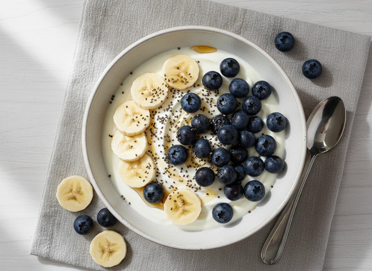 Yogurt with Banana, Blueberries and Chia Seeds photo