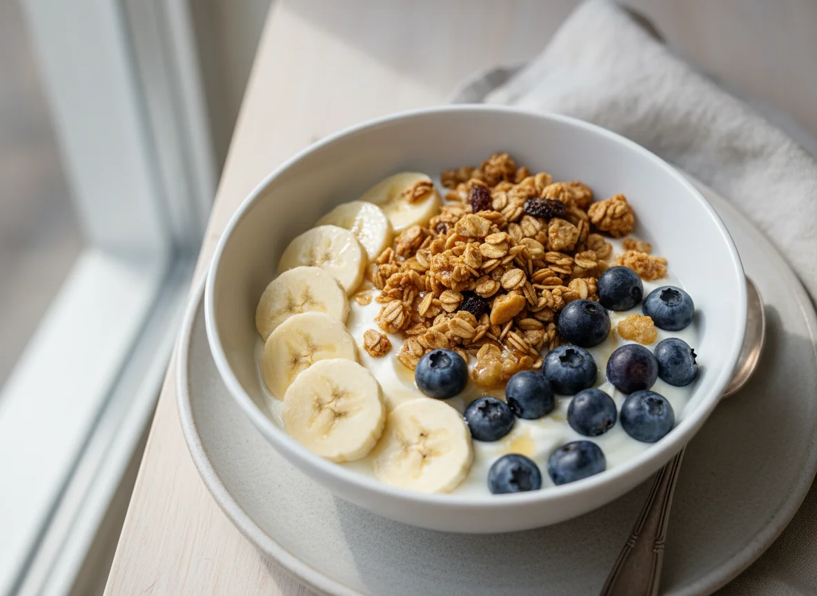 Yogurt with Banana, Blueberries and Granola photo