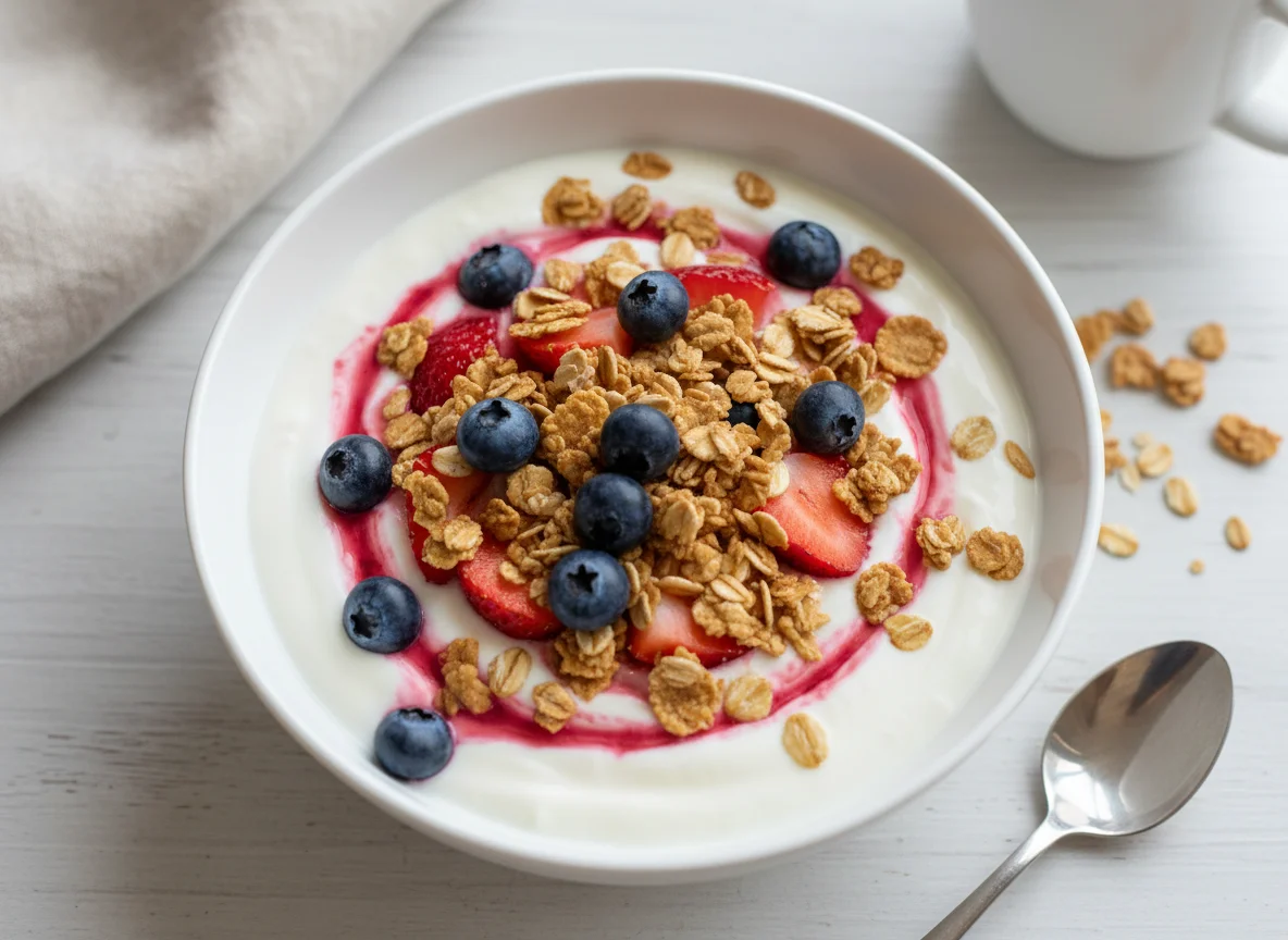 Yogurt with Berries and Cereal photo