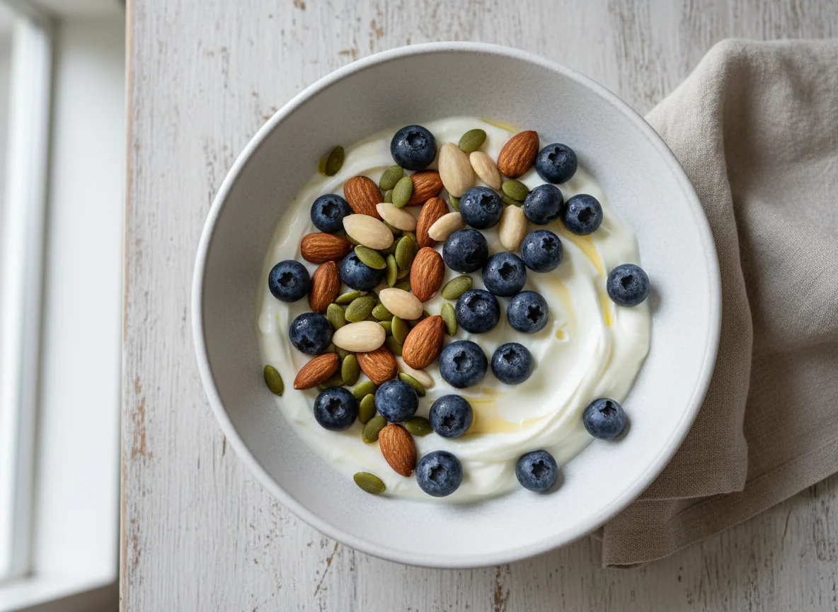 Yogurt with Blueberries, Almonds and Pumpkin Seeds photo