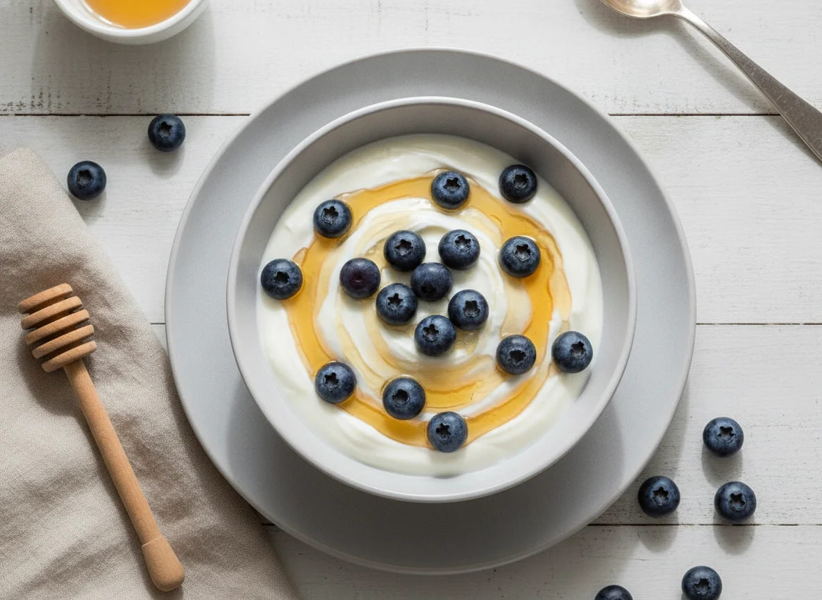 Yogurt with blueberries and honey photo