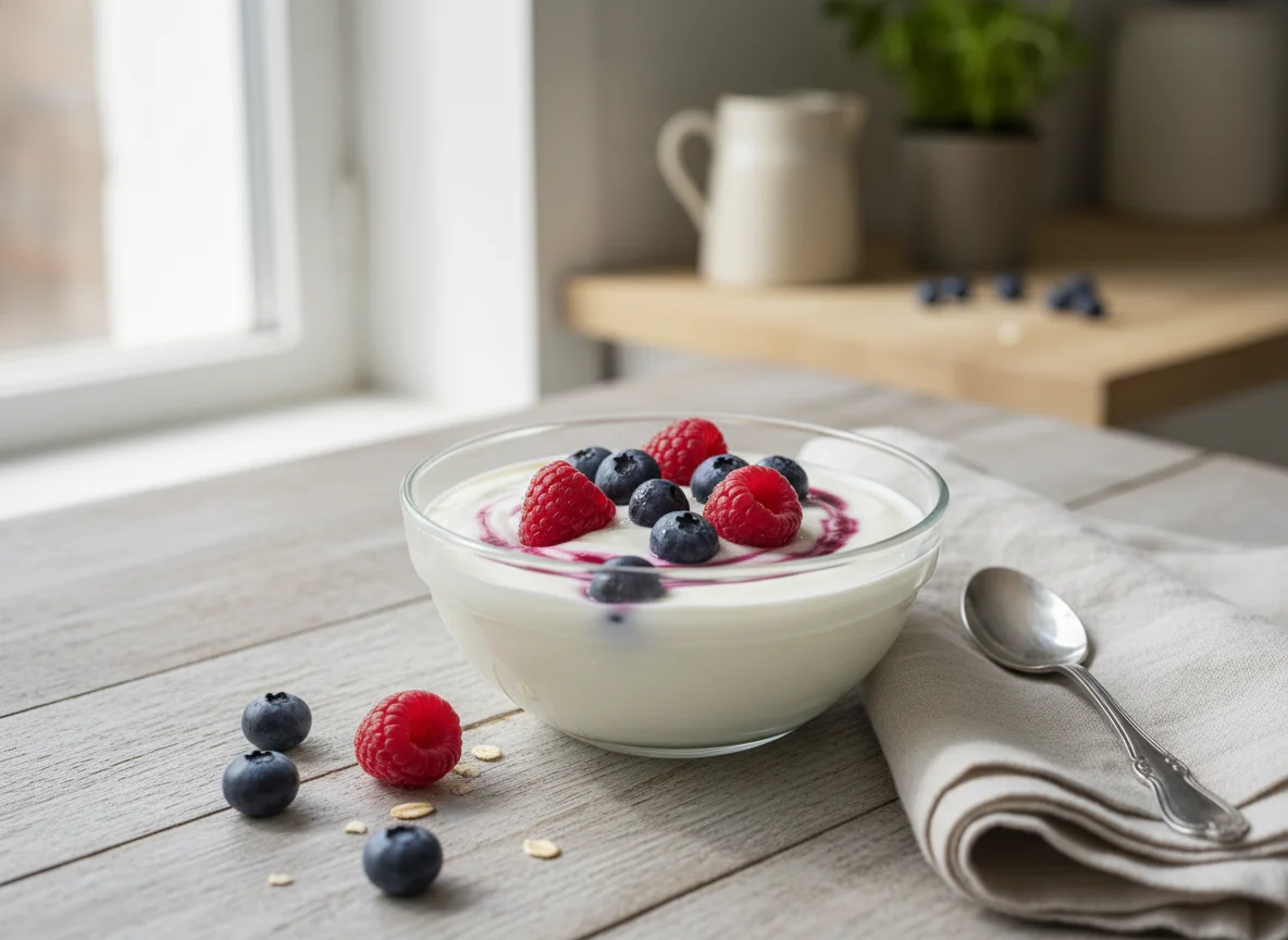 Yogurt with Blueberries and Raspberries photo