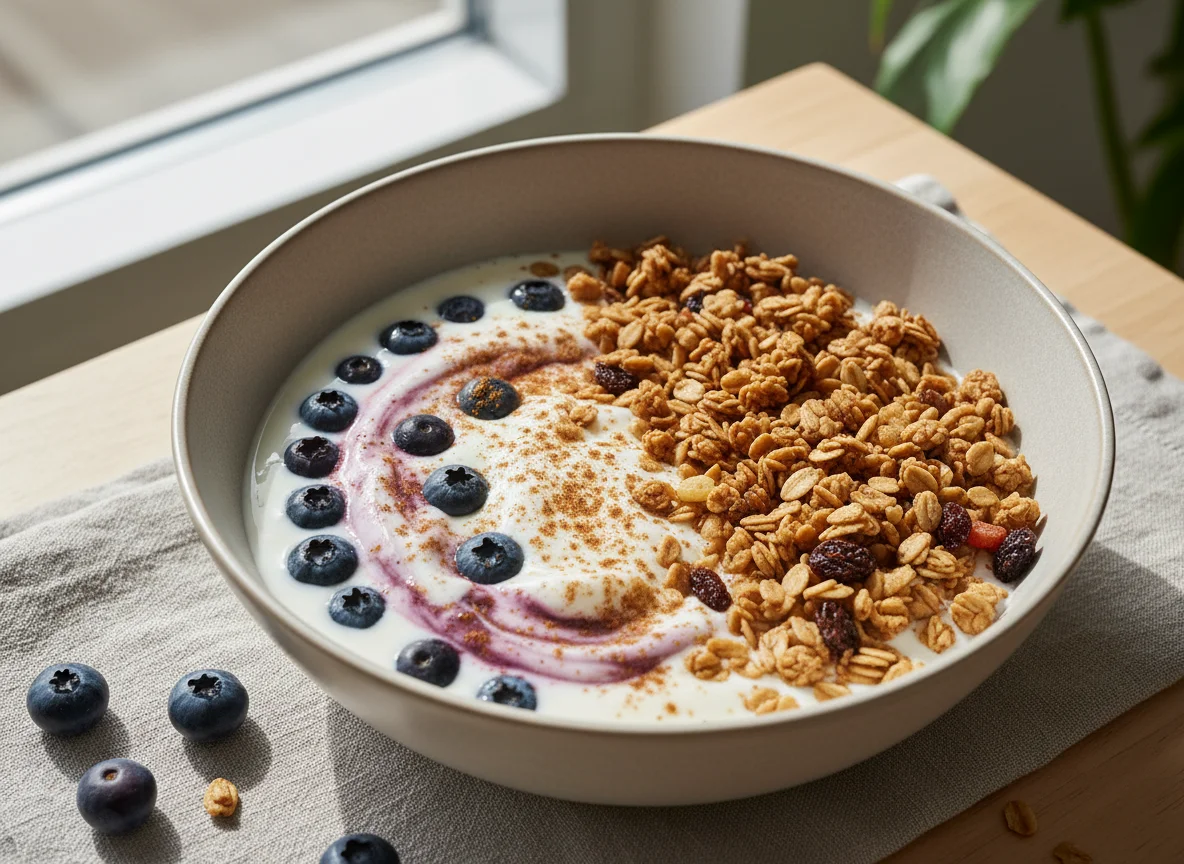 Yogurt with Blueberries, Granola and Cinnamon photo
