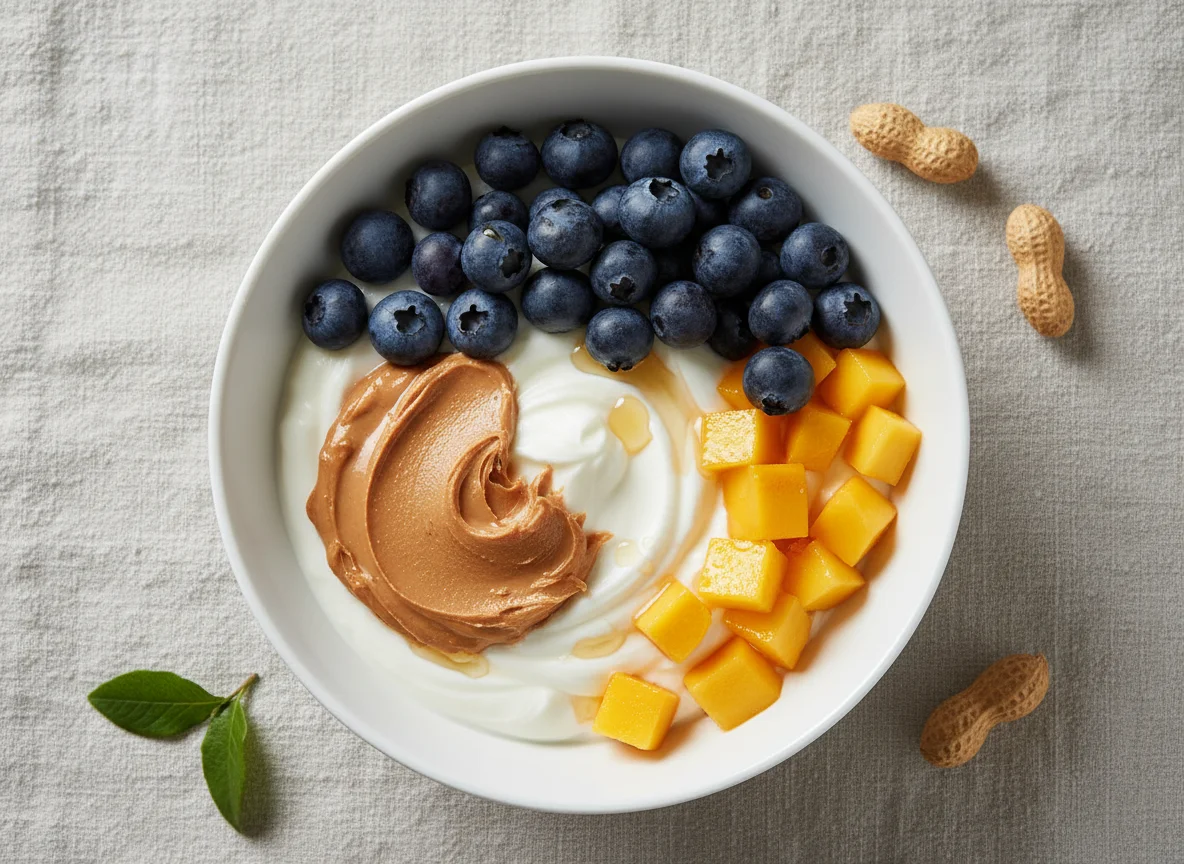 Yogurt with Blueberries, Peanut Butter, and Fruit photo