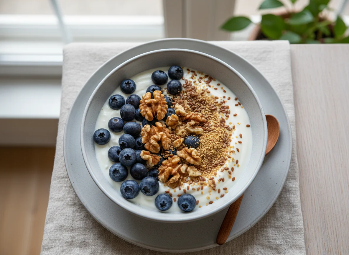 Yogurt with Blueberries, Walnuts, and Flaxseed photo