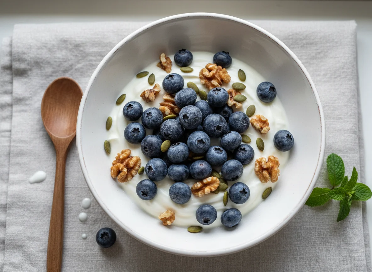 Yogurt with Blueberries, Walnuts, and Pumpkin Seeds photo