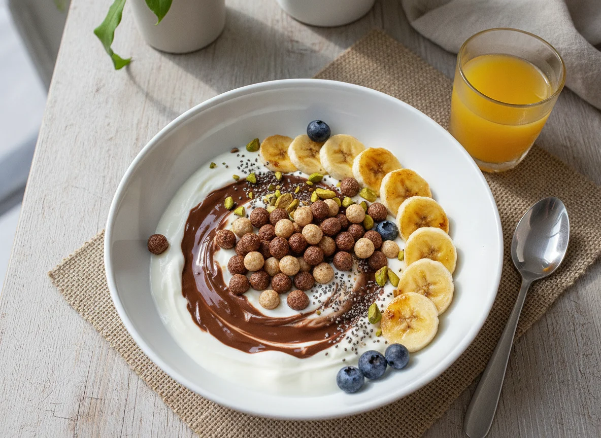 Yogurt with cereal and banana photo