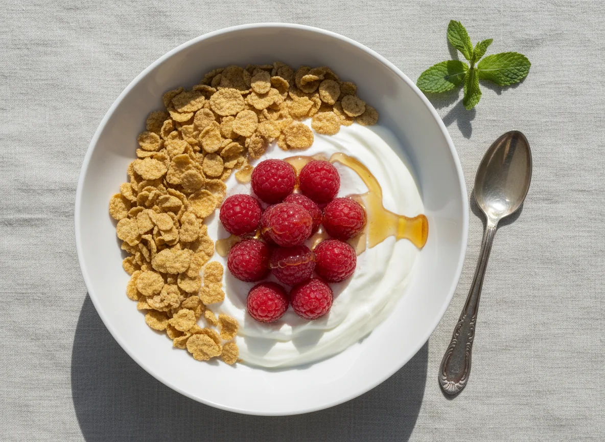Yogurt with Cereal and Raspberries photo