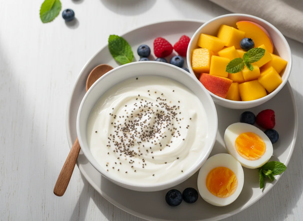 Yogurt with Chia Seeds, Fruit, and Boiled Eggs photo