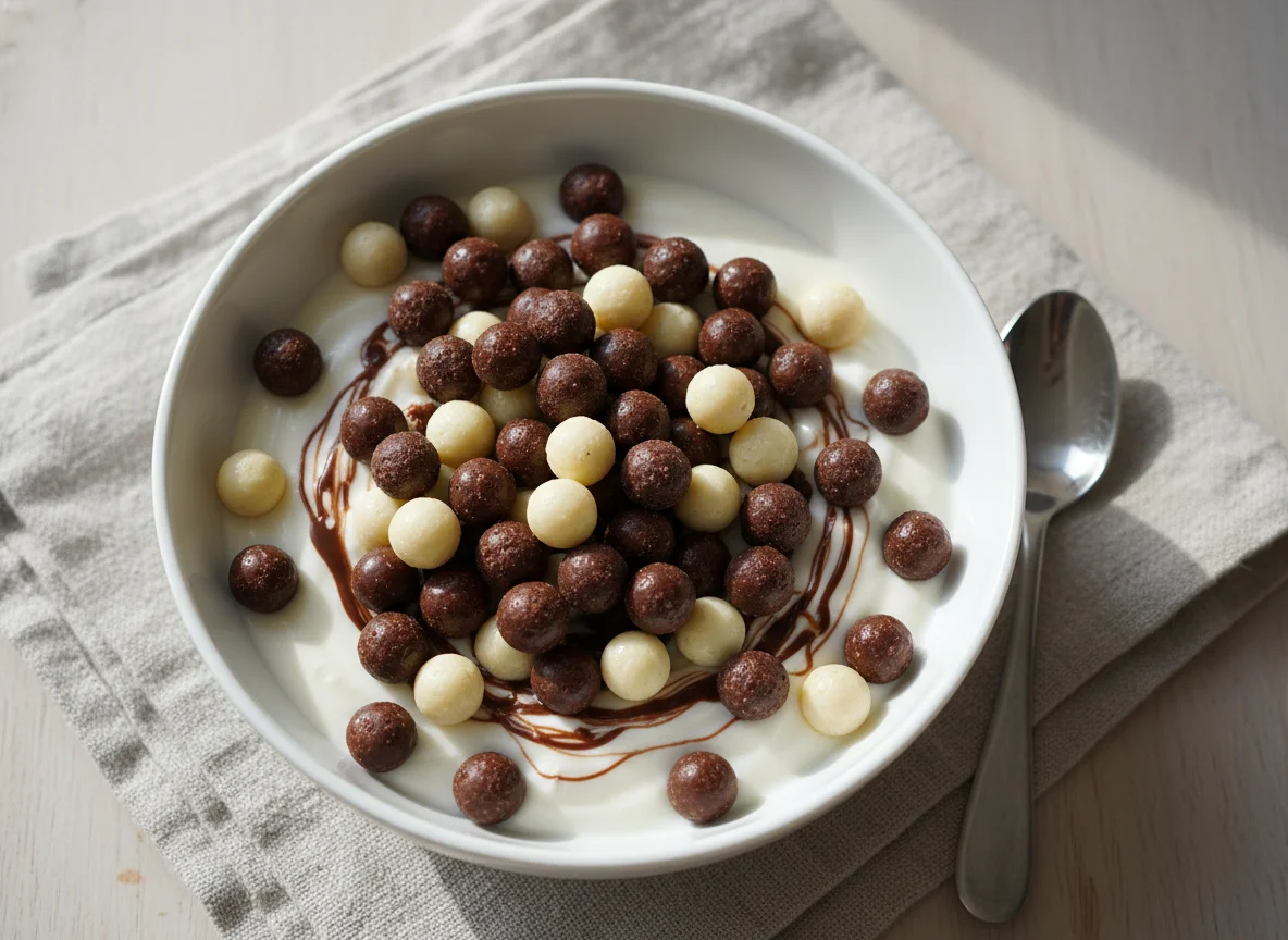 Yogurt with chocolate balls photo