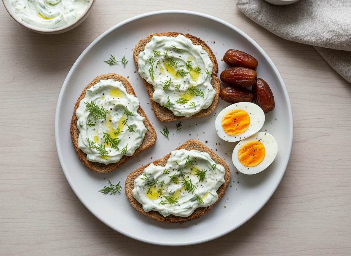 Yogurt with cucumber and dill on toast with boiled eggs and dates photo