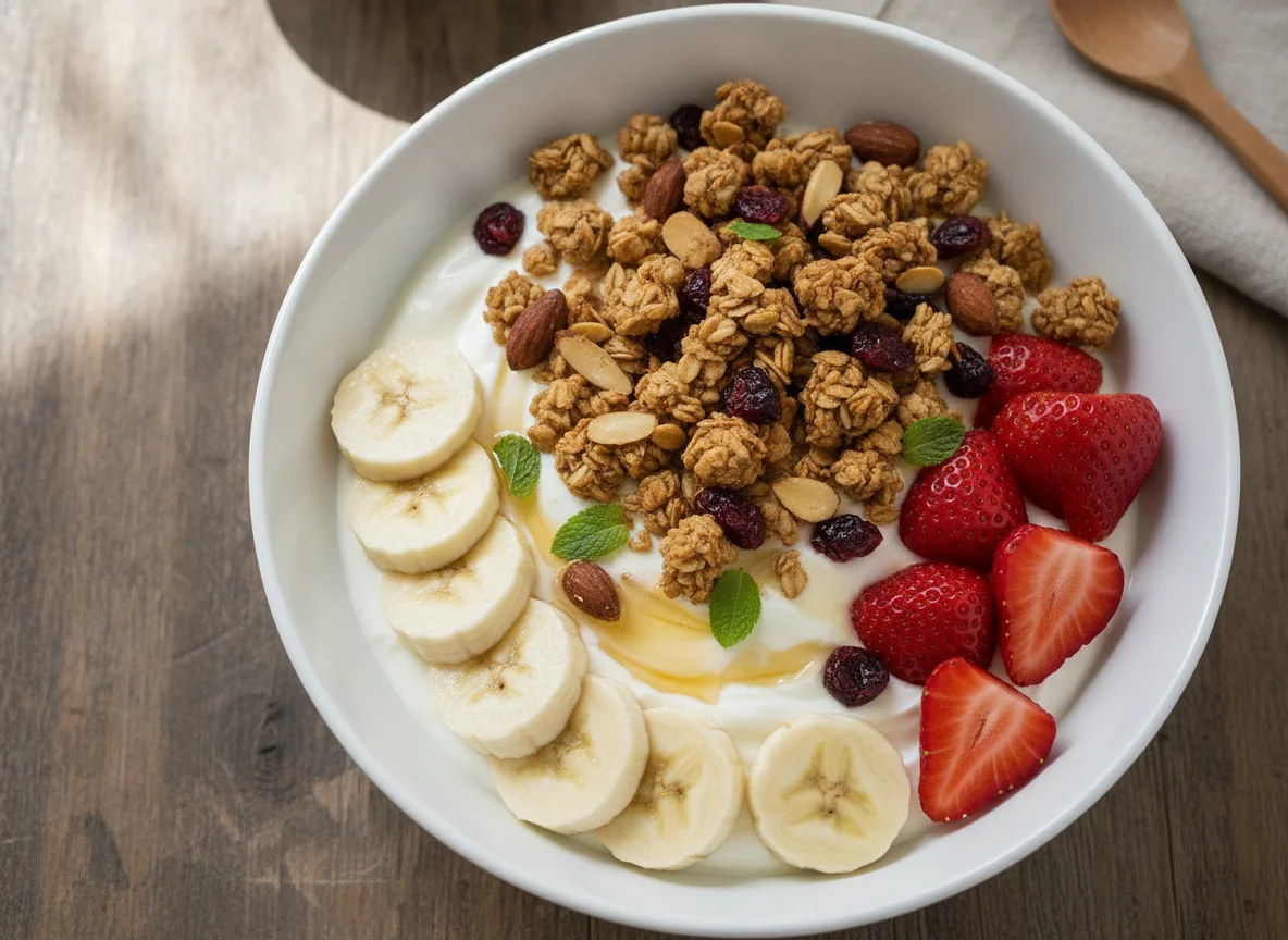 Yogurt with Granola and Banana photo