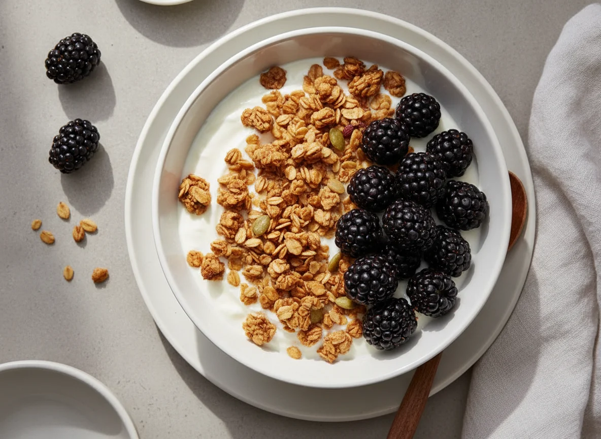 Yogurt with granola and blackberries photo