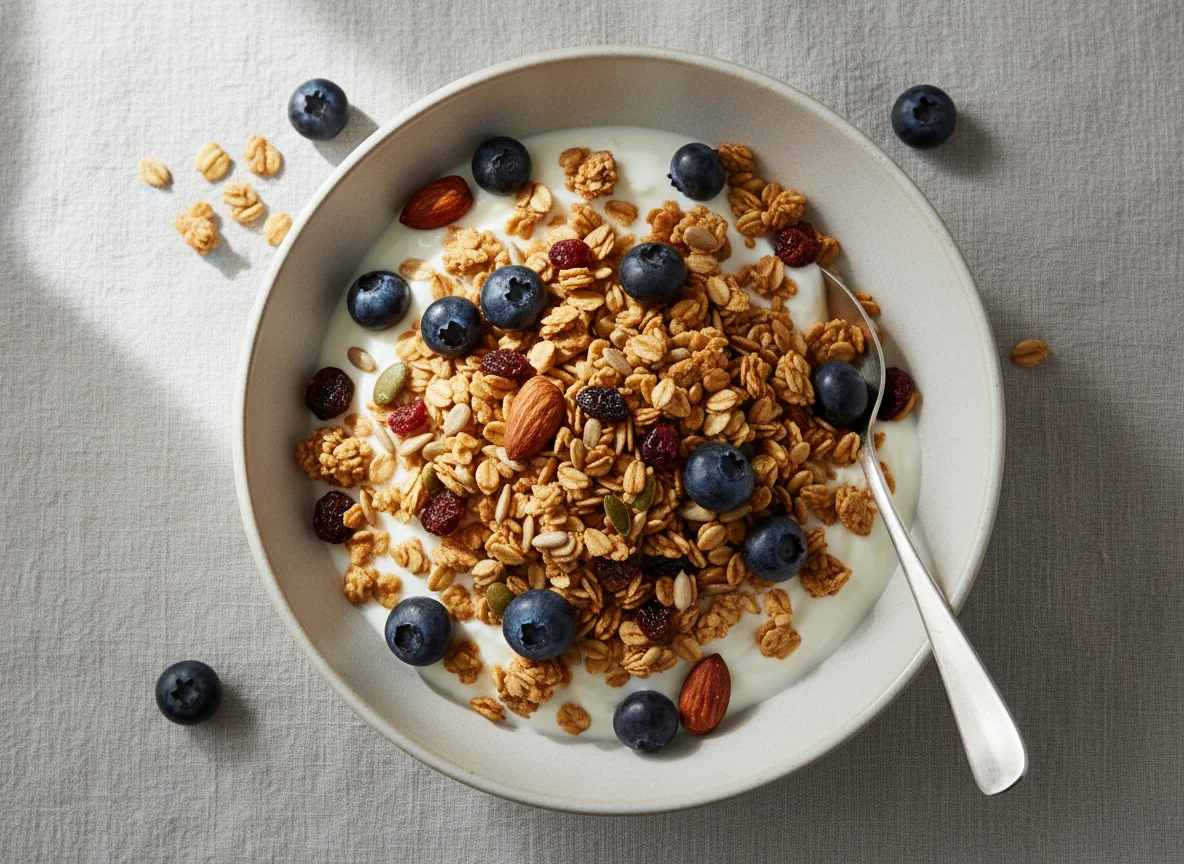 Yogurt with Granola and Blueberries photo
