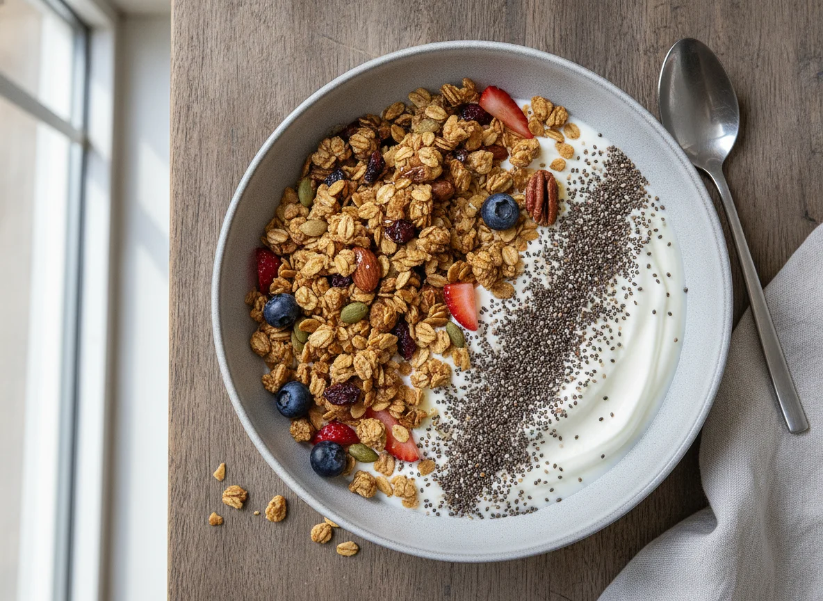 Yogurt with Granola and Chia Seeds photo
