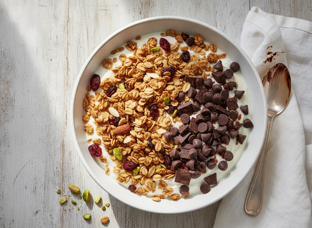 Yogurt with granola and chocolate chips photo