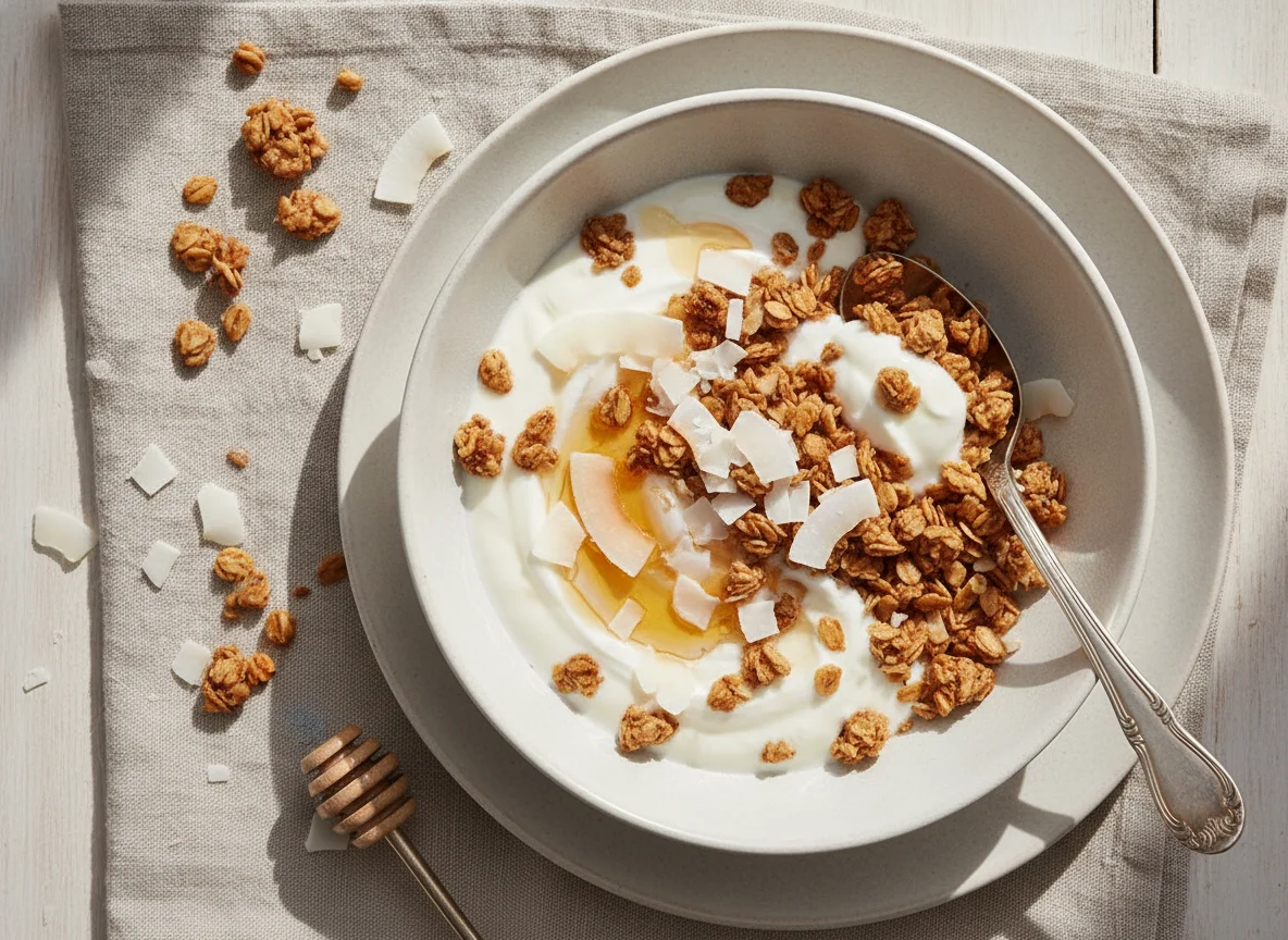 Yogurt with Granola and Coconut Flakes photo