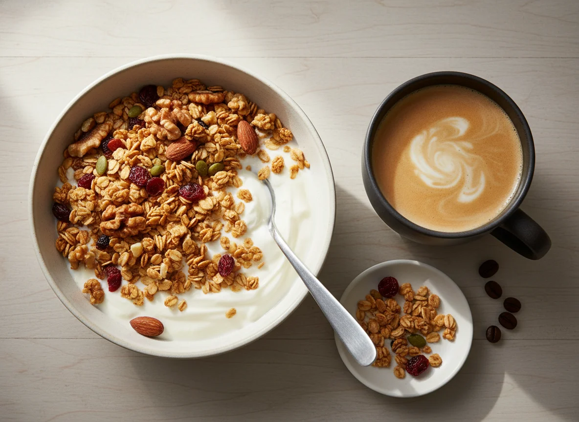 Yogurt with Granola and Coffee photo