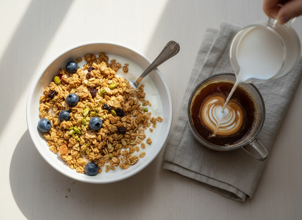Yogurt with Granola and Coffee with Milk photo