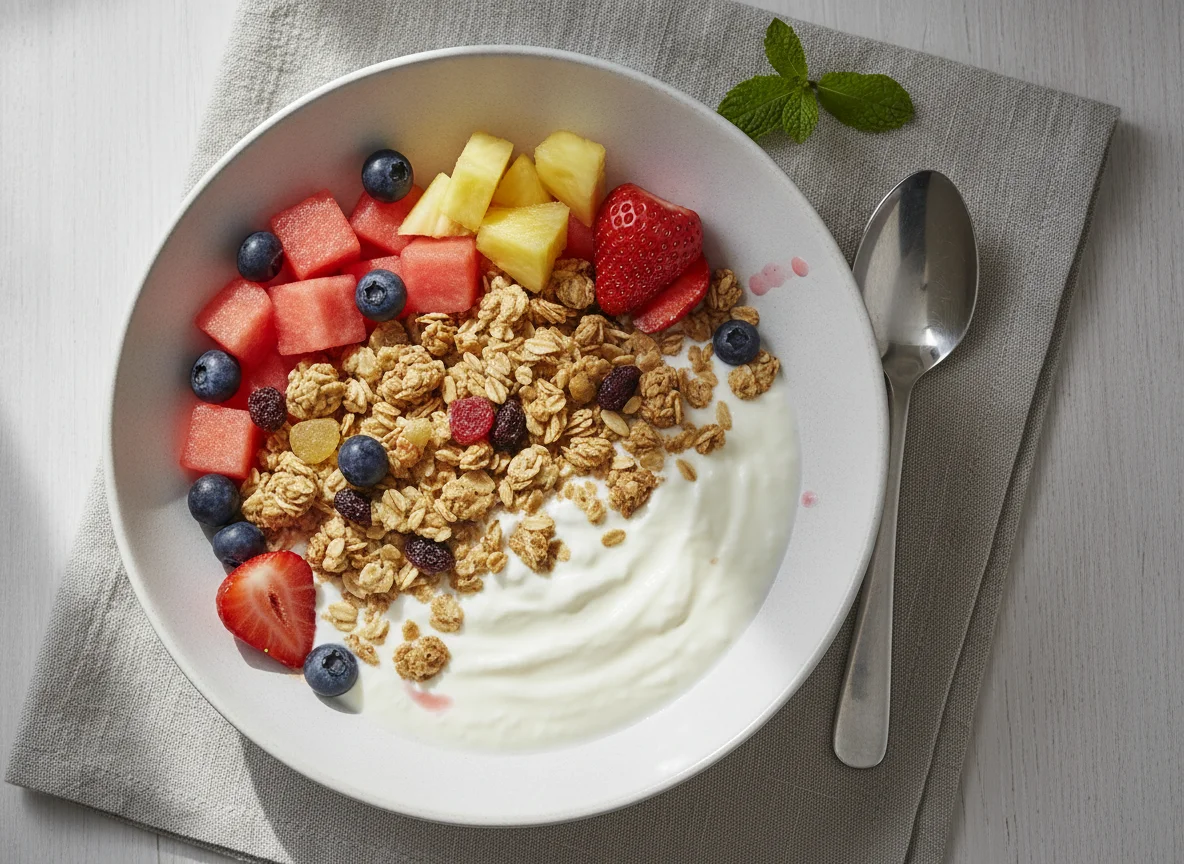 Yogurt with granola and fresh fruit photo