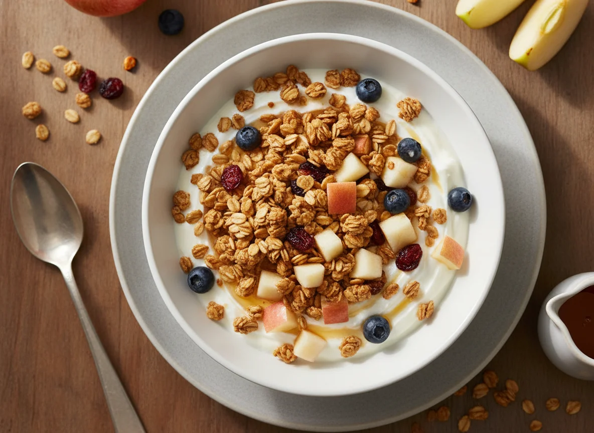 Yogurt with granola and fruit photo