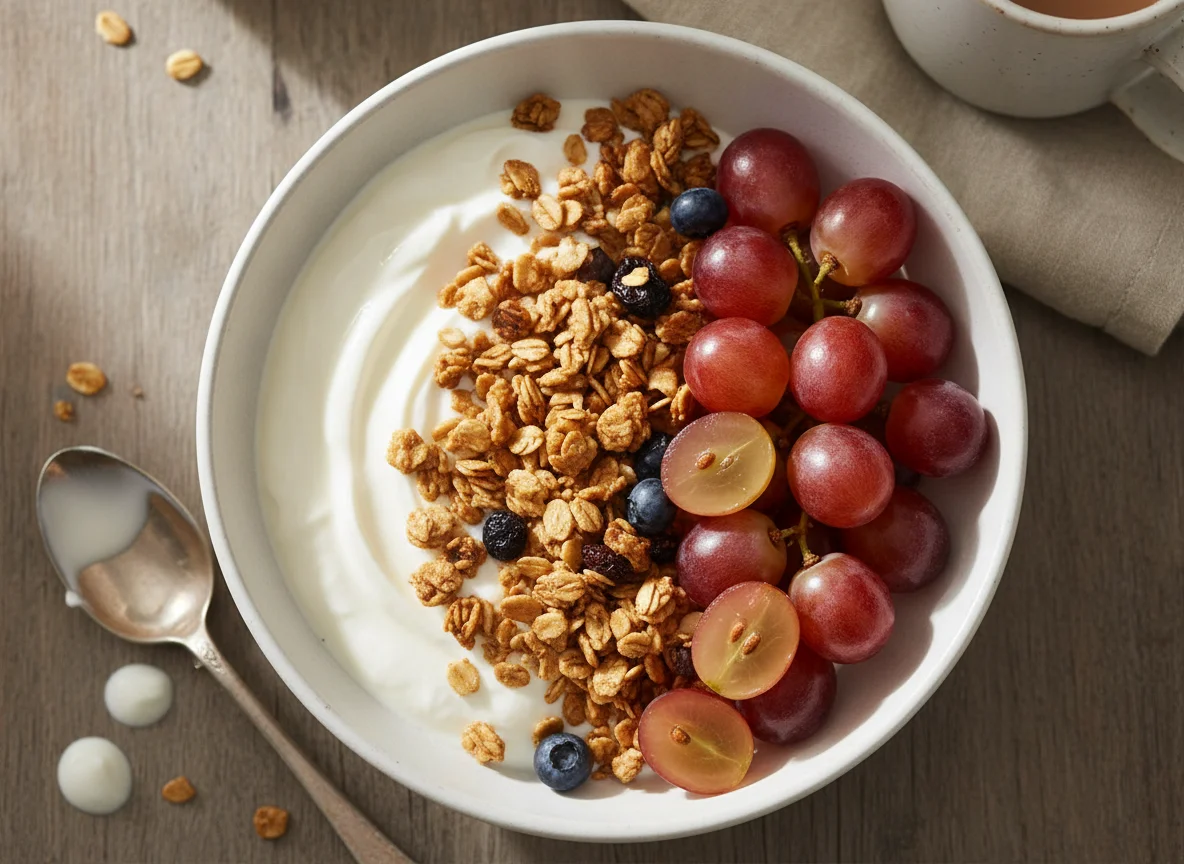 Yogurt with Granola and Grapes photo