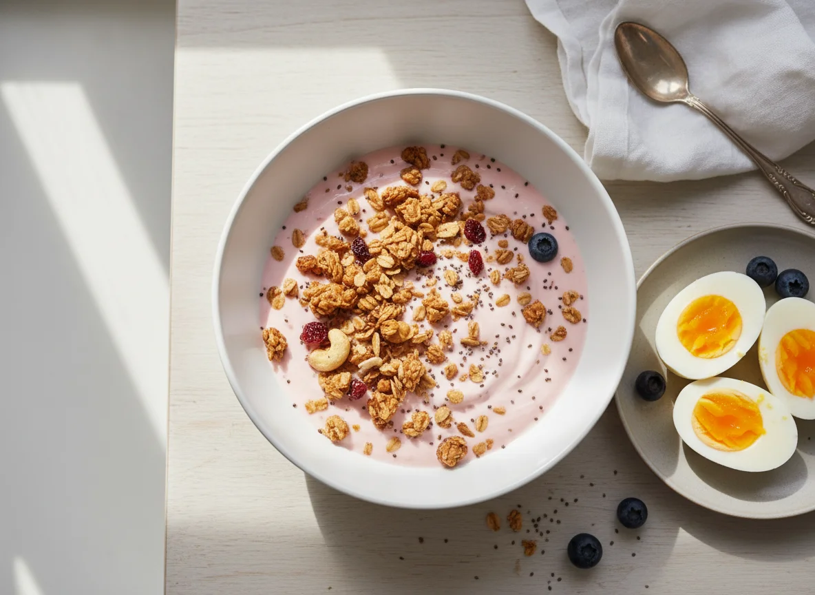 Yogurt with Granola and Hard-Boiled Eggs photo