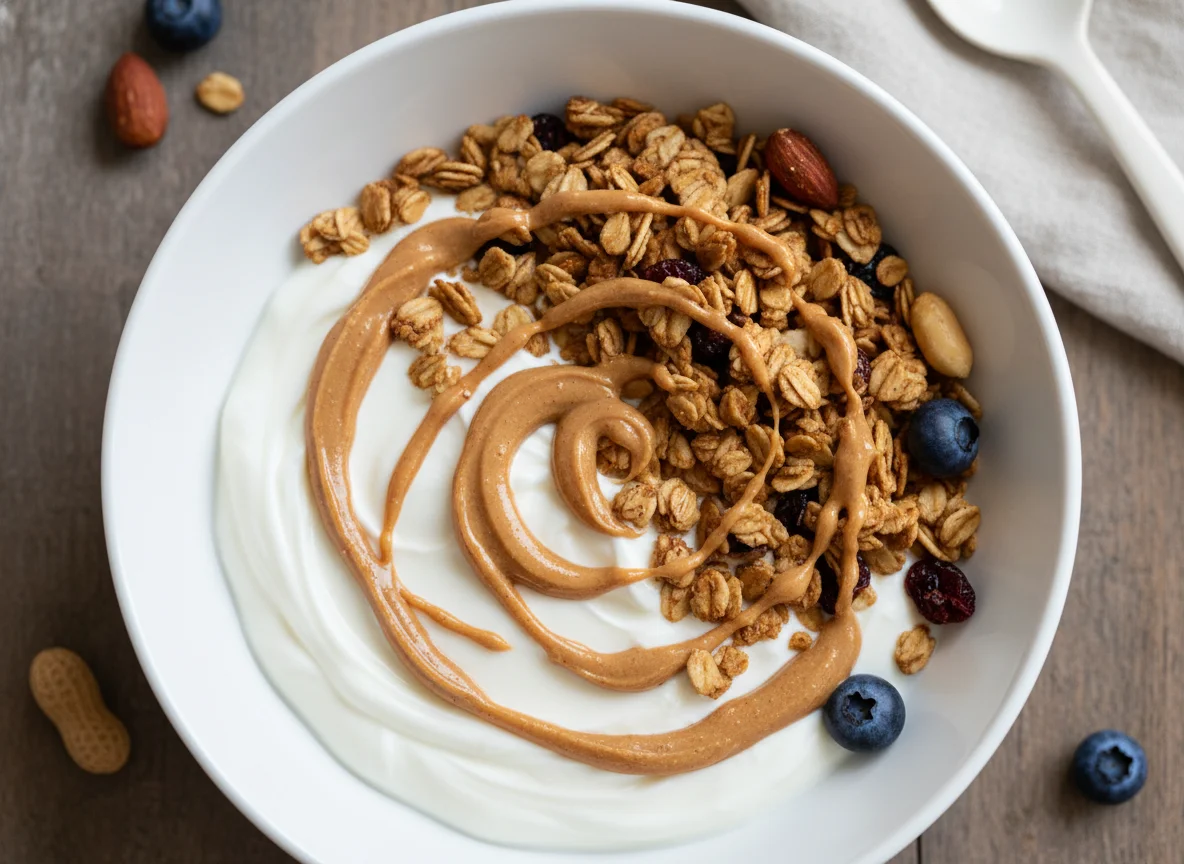Yogurt with Granola and Peanut Butter photo