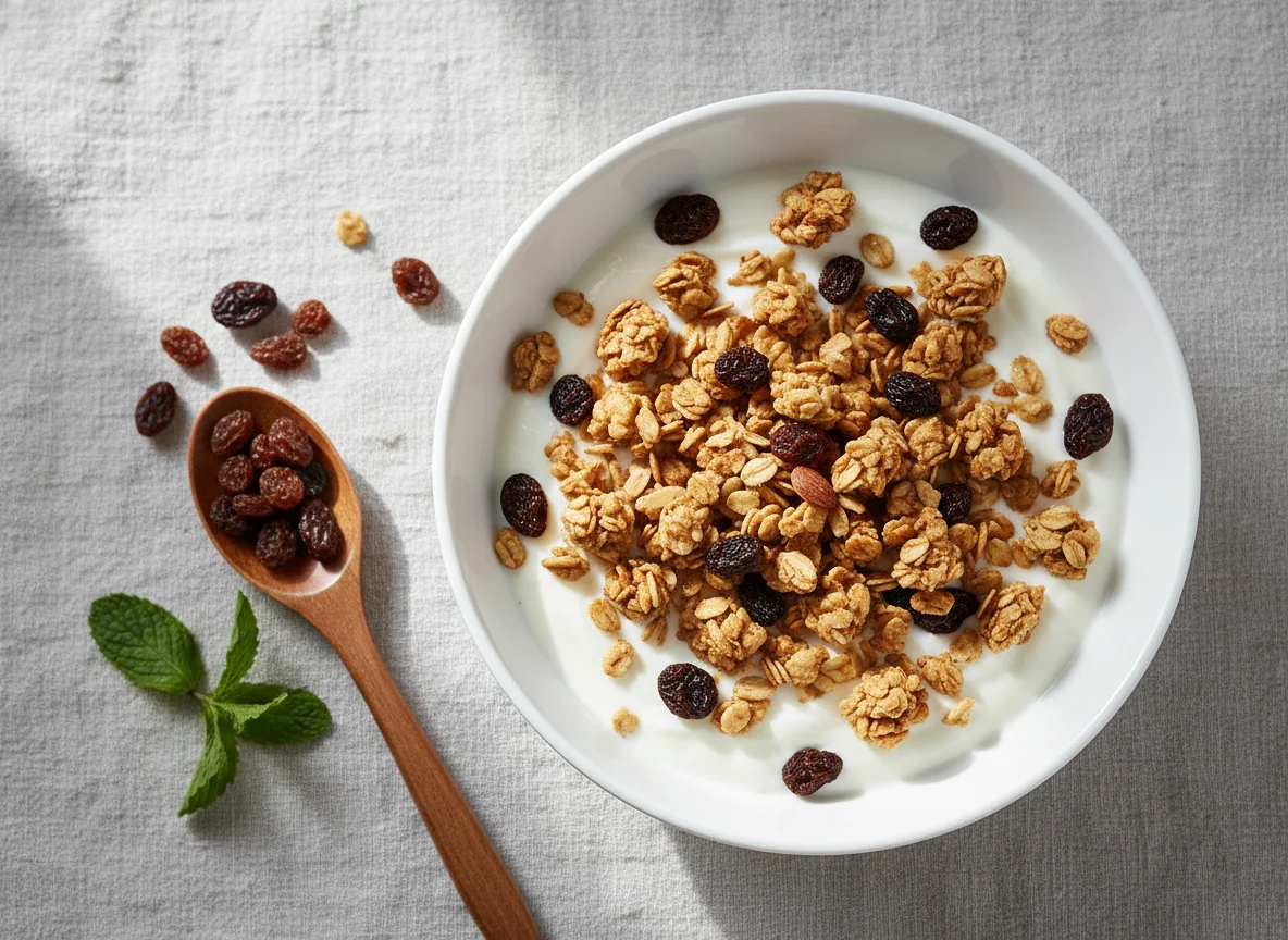 Yogurt with Granola and Raisins photo