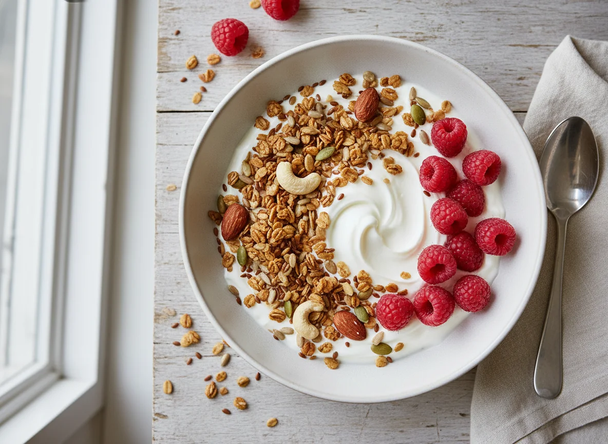 Yogurt with Granola and Raspberries photo