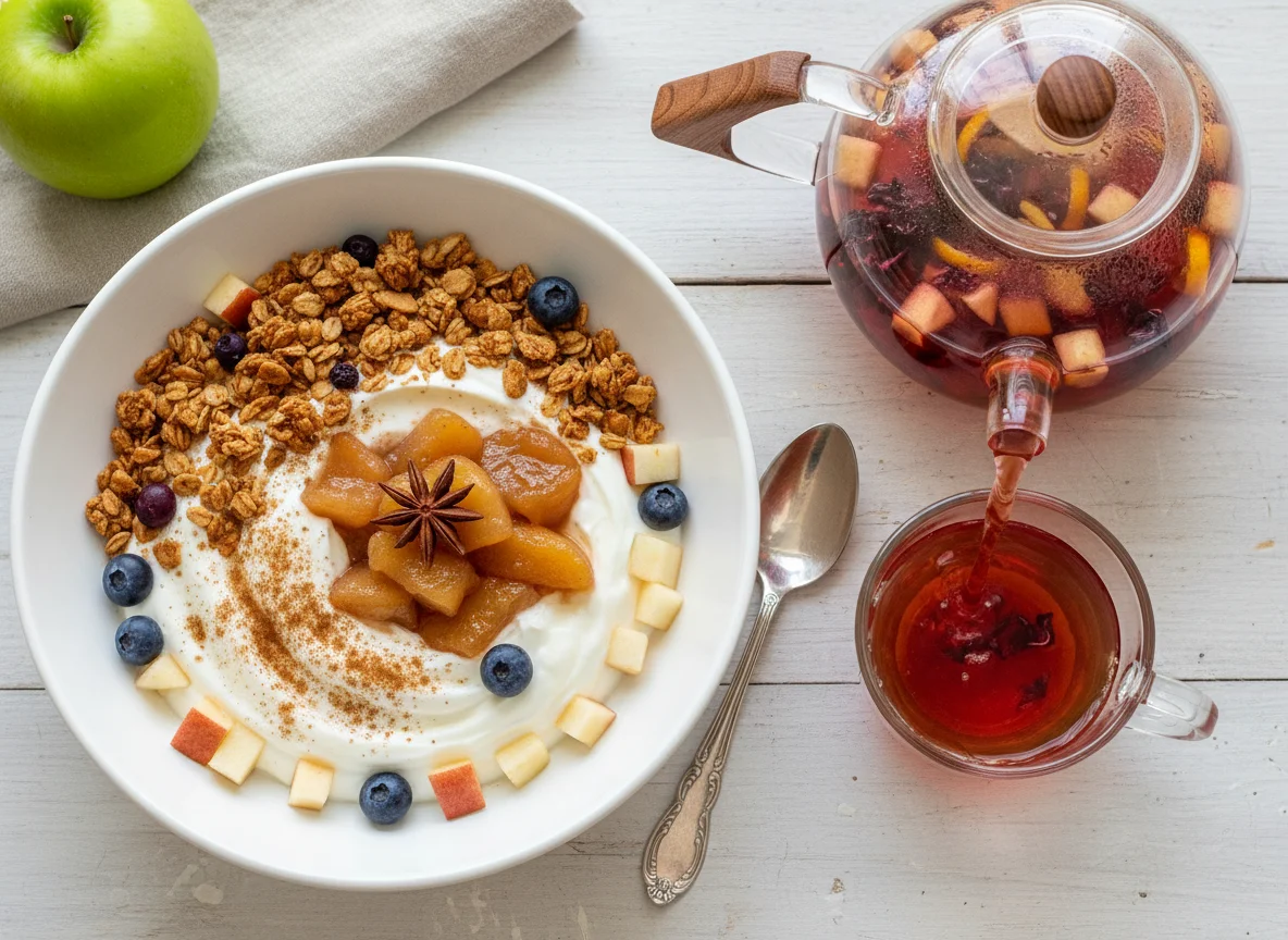 Yogurt with Granola and Stewed Apples, and Fruit Tea photo