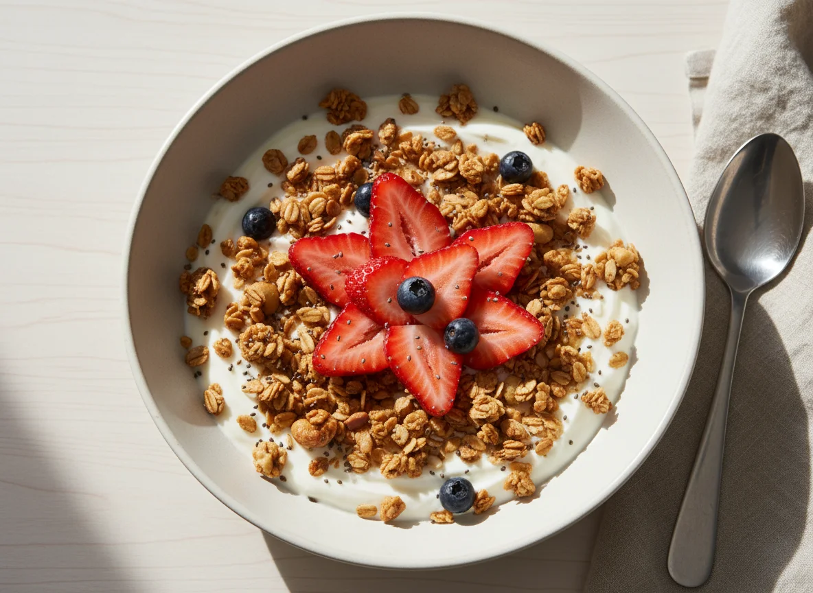 Yogurt with Granola and Strawberries photo