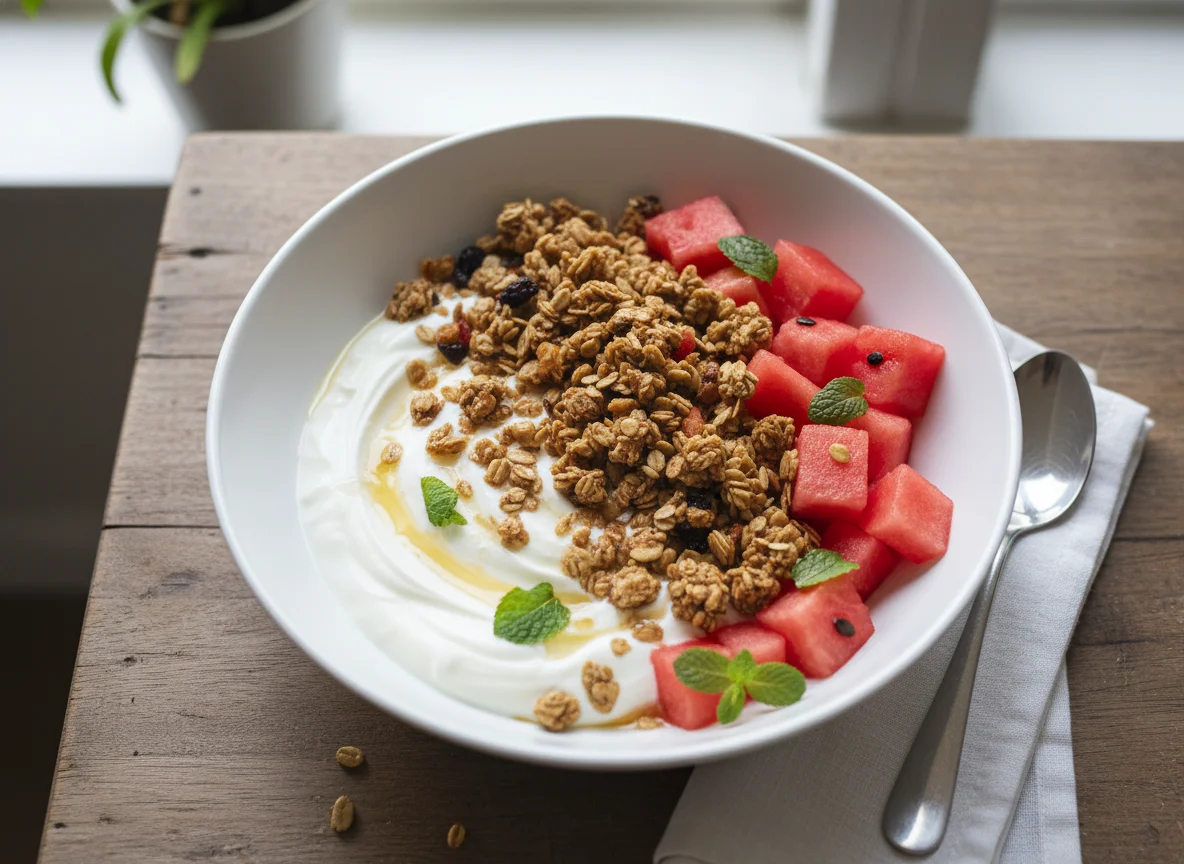 Yogurt with Granola and Watermelon photo
