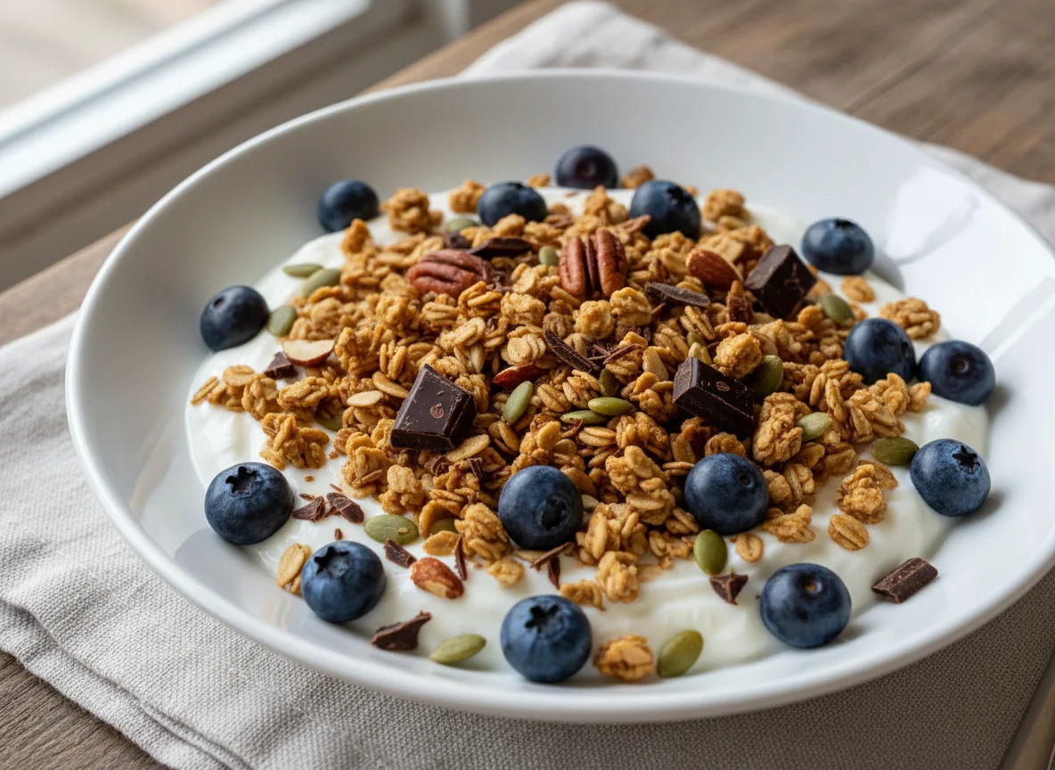 Yogurt with Granola, Blueberries, Pumpkin Seeds and Chocolate photo