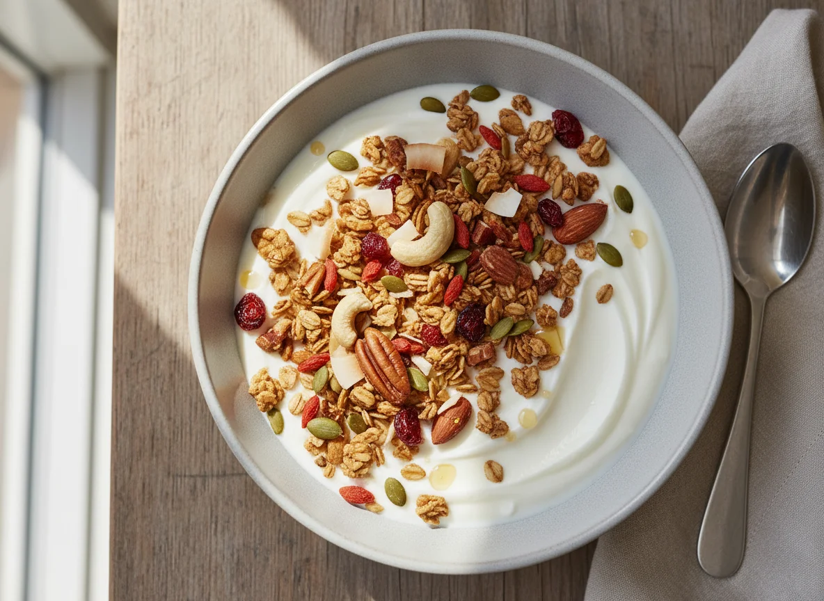 Yogurt with Granola, Nuts and Dried Fruits photo