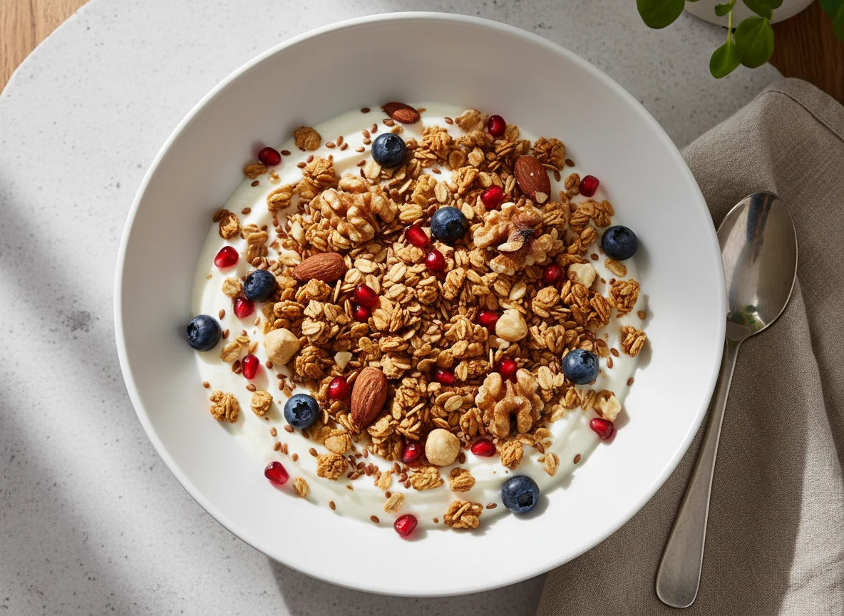 Yogurt with Granola, Nuts, Seeds, and Berries photo