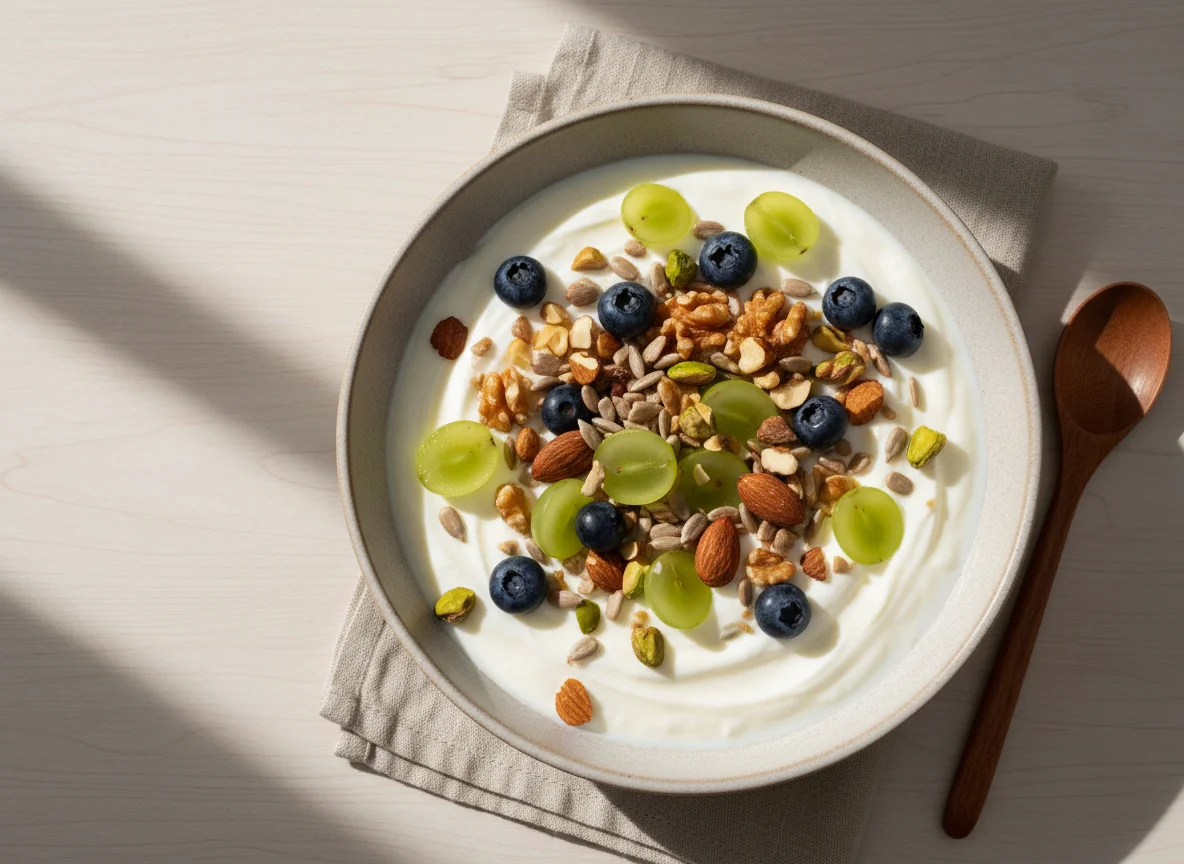 Yogurt with Grapes, Blueberries, and Mixed Nuts photo