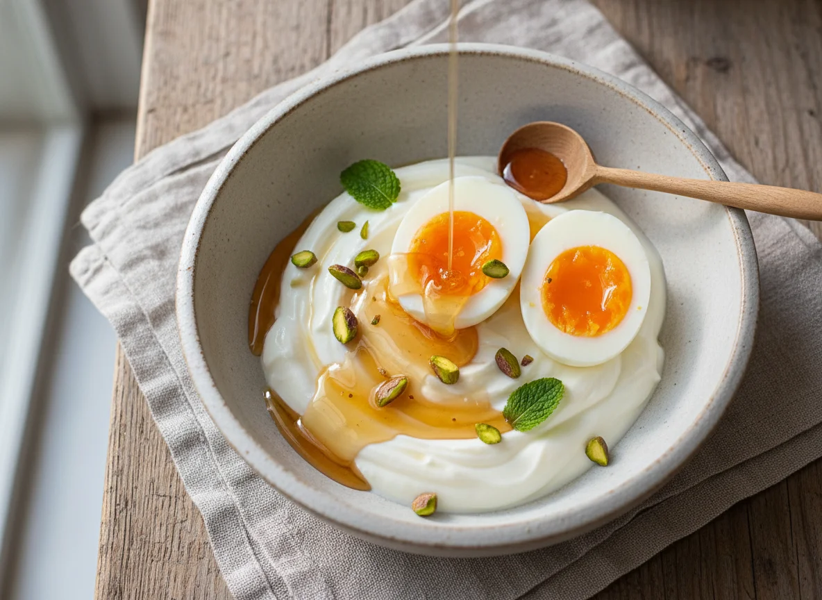 Yogurt with hard-boiled egg and honey photo