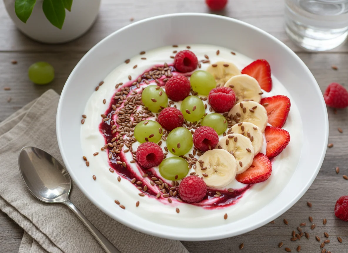 Yogurt with Mixed Berries, Banana, Grapes and Flax Seeds photo