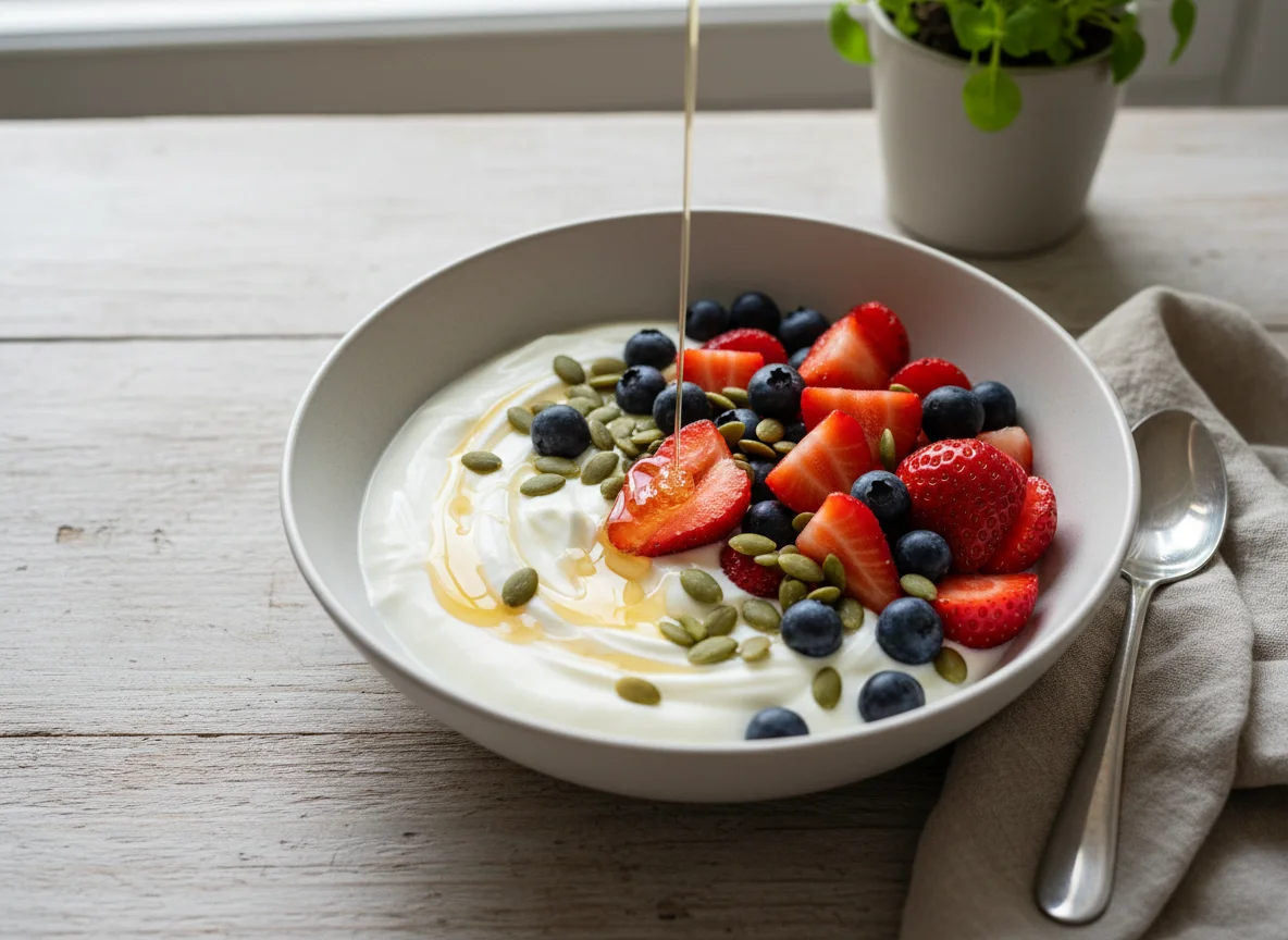 Yogurt with Mixed Berries, Pumpkin Seeds, and Honey photo