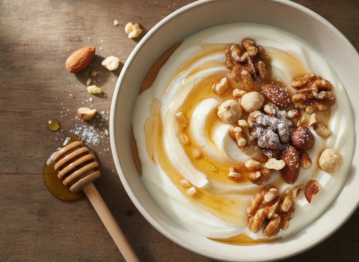 Yogurt with mixed nuts and honey photo