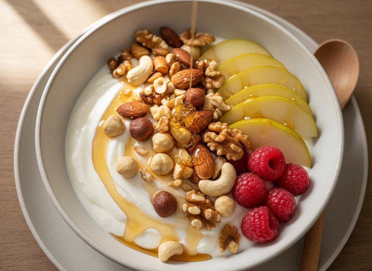 Yogurt with Mixed Nuts, Fruit, and Honey photo