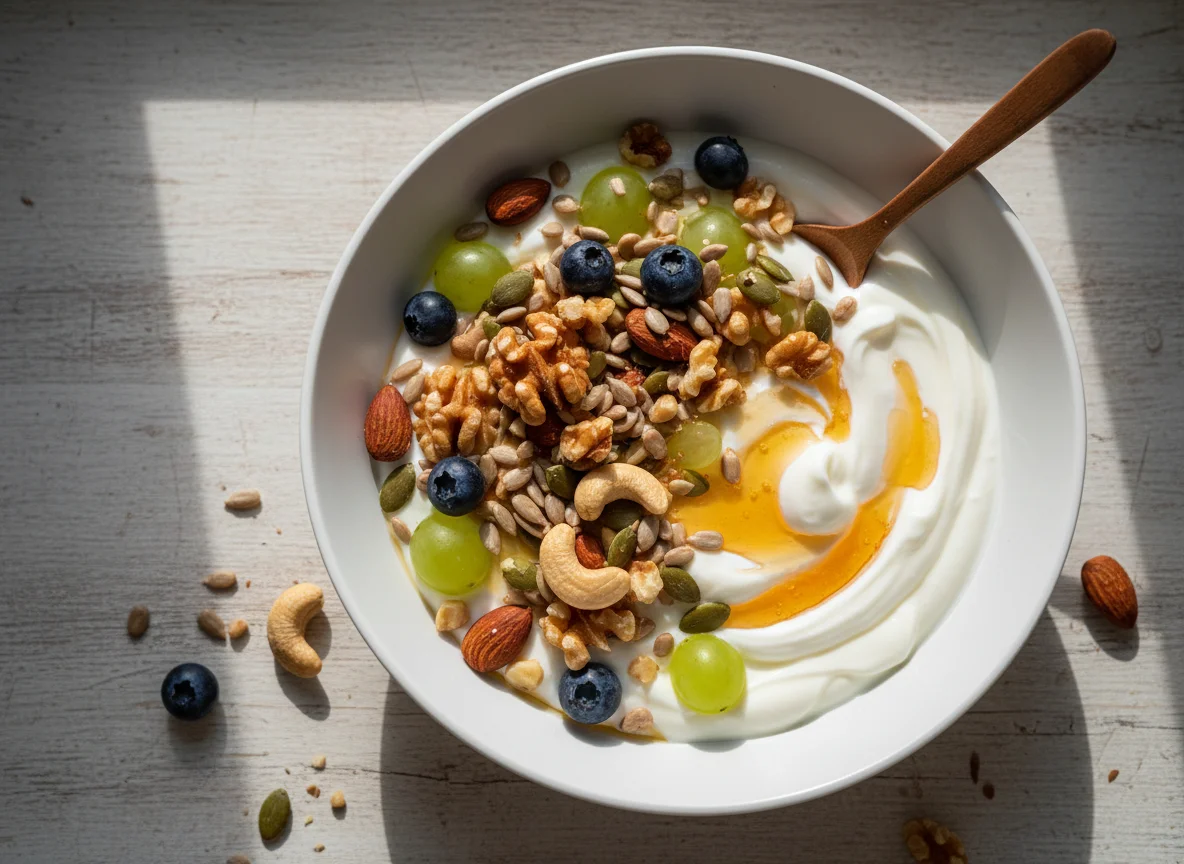 Yogurt with Mixed Nuts, Seeds, Grapes, and Honey photo