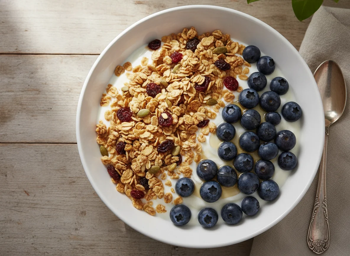 Yogurt with muesli and blueberries photo