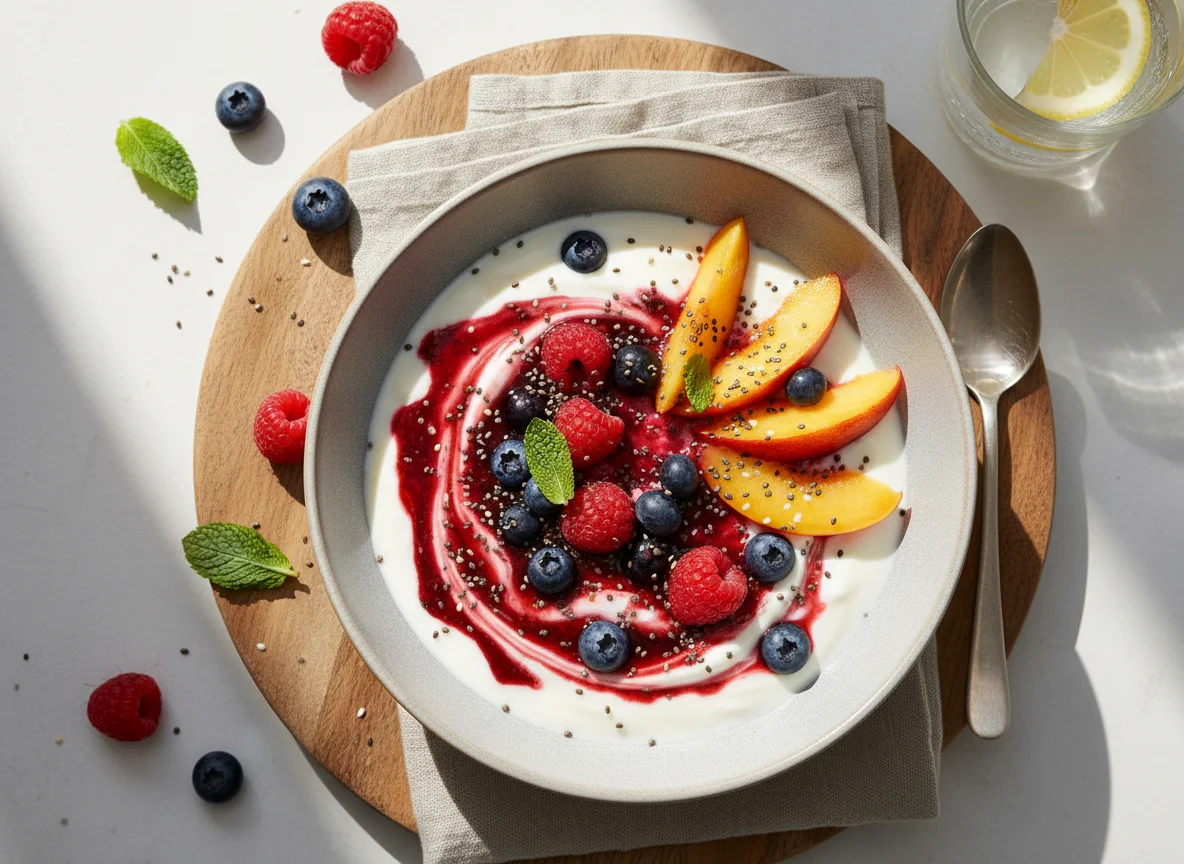 Yogurt with Nectarine, Berry Compote and Chia Seeds photo