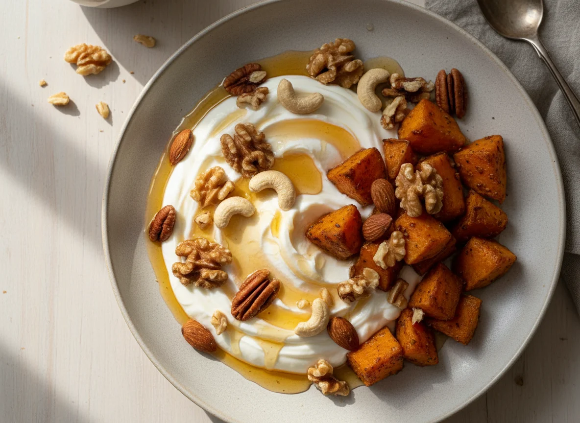 Yogurt with Nuts and Roasted Sweet Potatoes photo