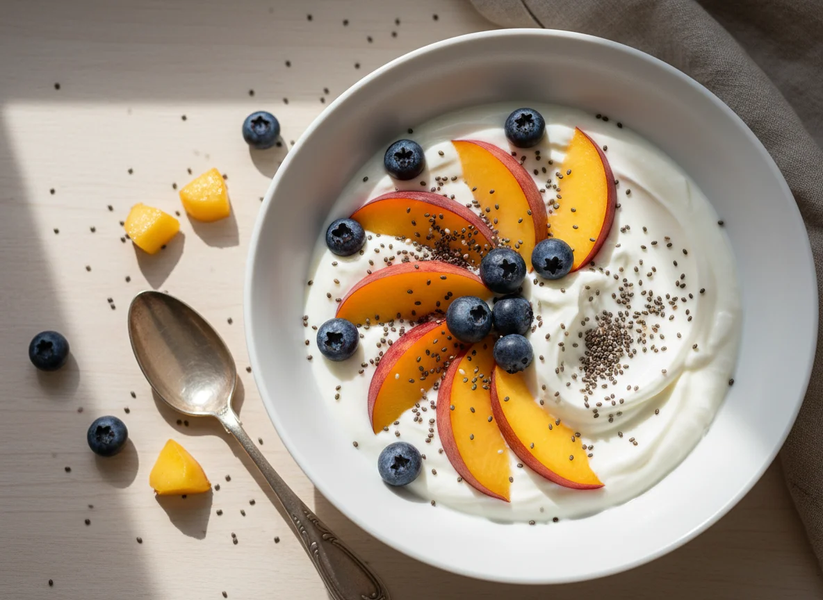 Yogurt with Peaches, Blueberries and Chia Seeds photo
